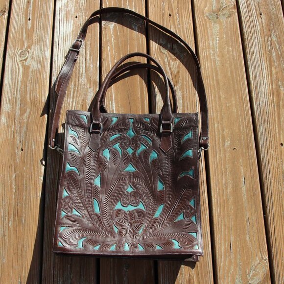 JL Saldivar Cutout Tooled Leather Large Purse Tote Bag, Dark Brown & Turquoise - Picture 2 of 16